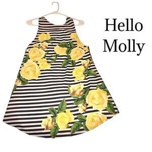 HELLO MOLLY Black/White Striped Yellow Floral Shift dress Sz US S EUC